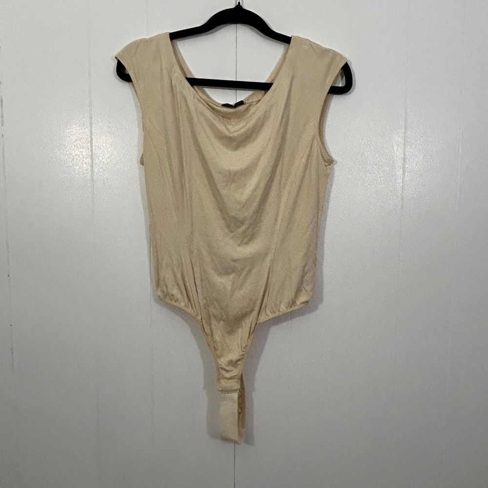 Donna Karan New York Vintage Bodysuit Tan Beige Rayon Scoop Neck Womens Medium